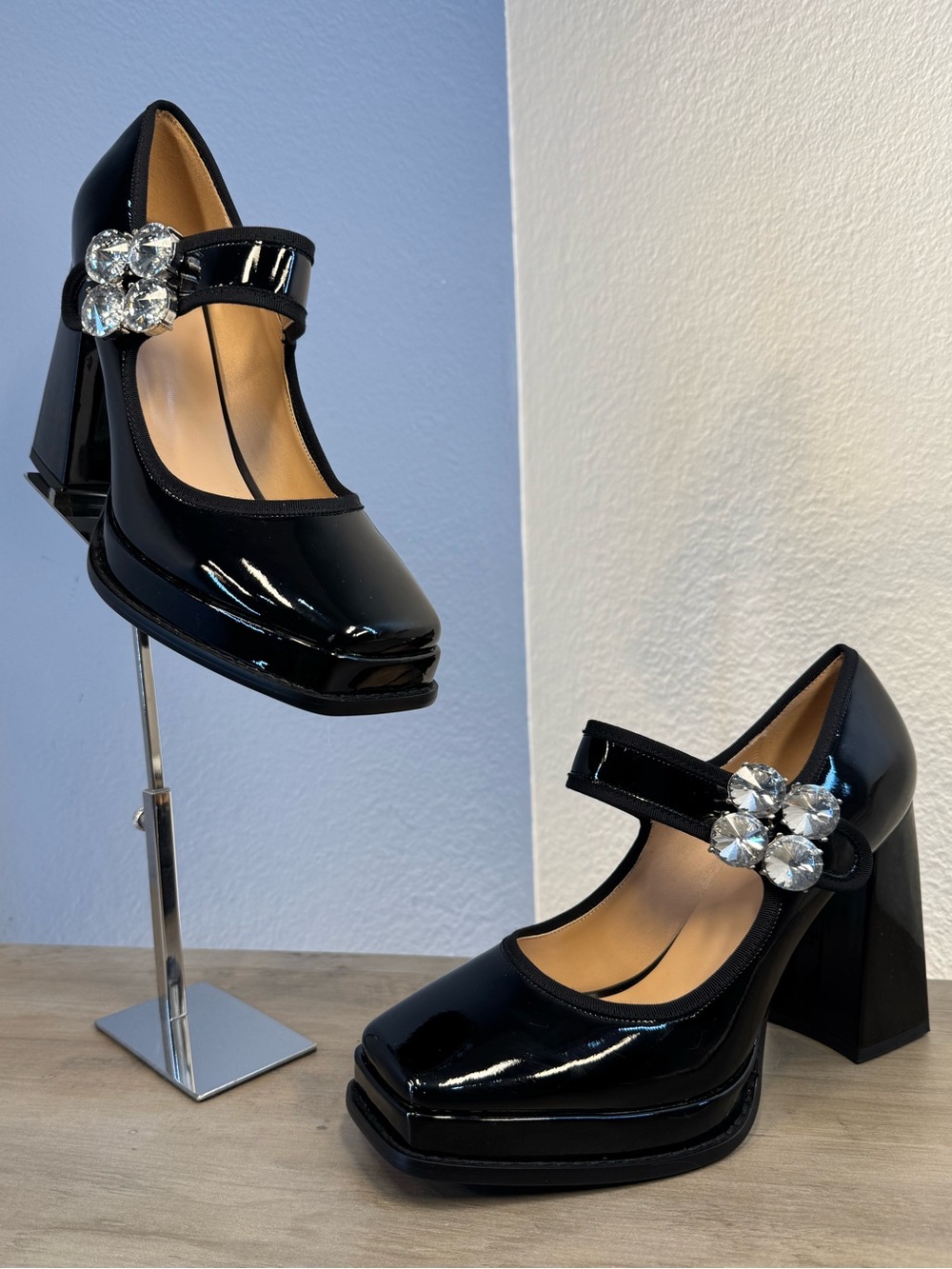 Goth Halloween Black Patent Platform Mary Jane Crystal Buckle Sz 9